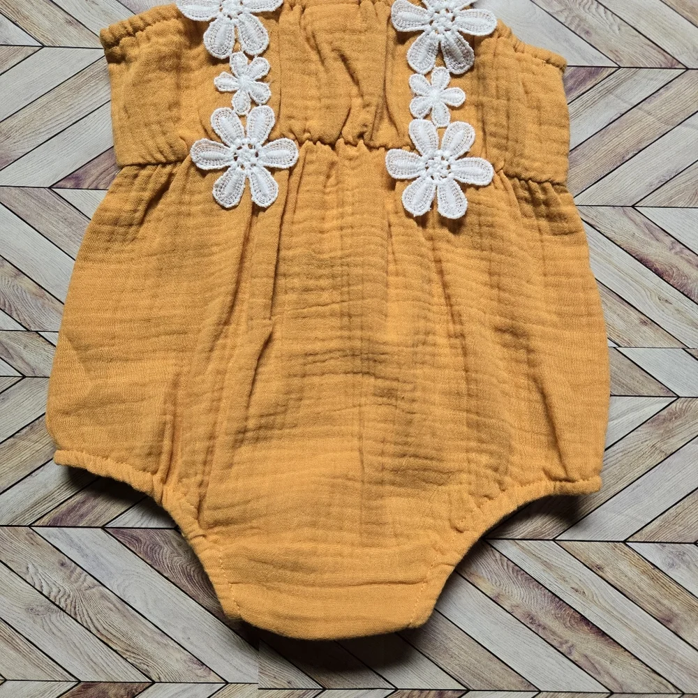 Mustard Yellow Baby Romper White Floral Crochet Detail Boho Summer Outfit 12-18M
